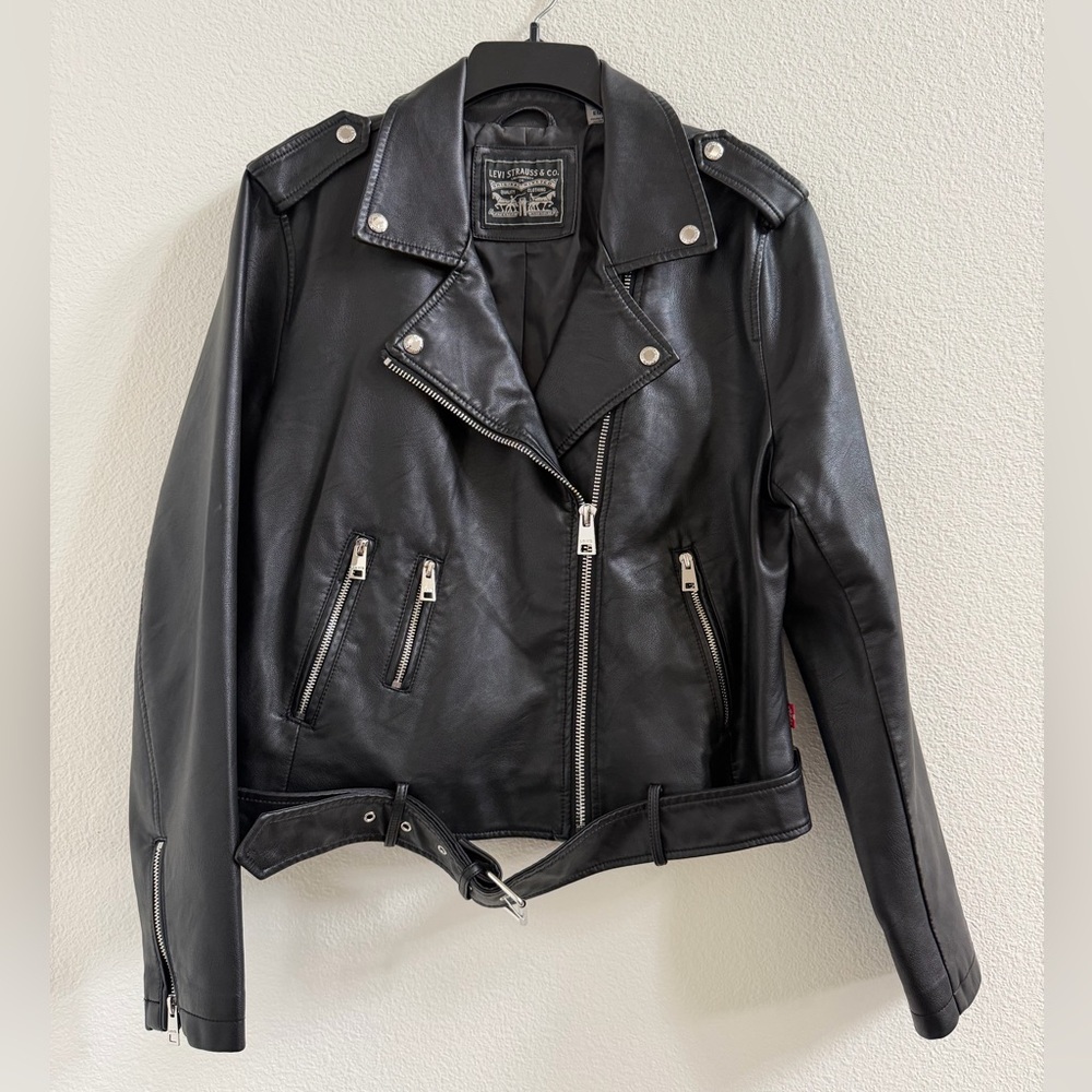 Levi's Women's Black Leather Biker Jacket with Silver Hardware